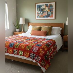 VIBRANT Handmade Granny Square Crochet Blanket Rainbow Modern Boho Throw